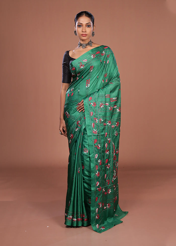 Green Kantha Stitch Silk Saree With Blouse Piece