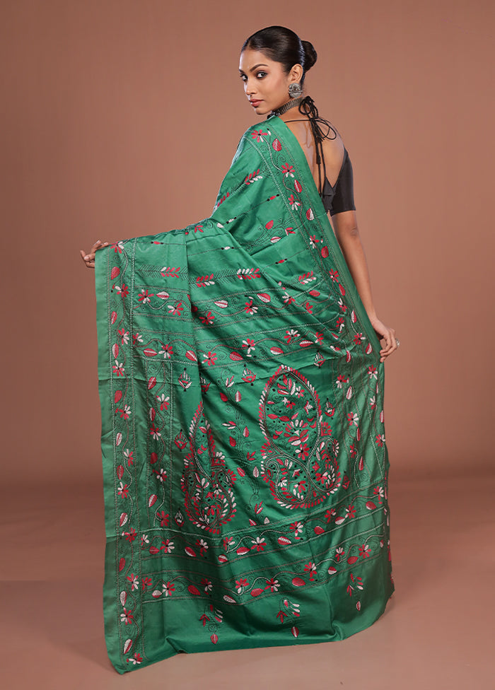 Green Kantha Stitch Silk Saree With Blouse Piece