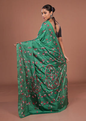 Green Kantha Stitch Silk Saree With Blouse Piece