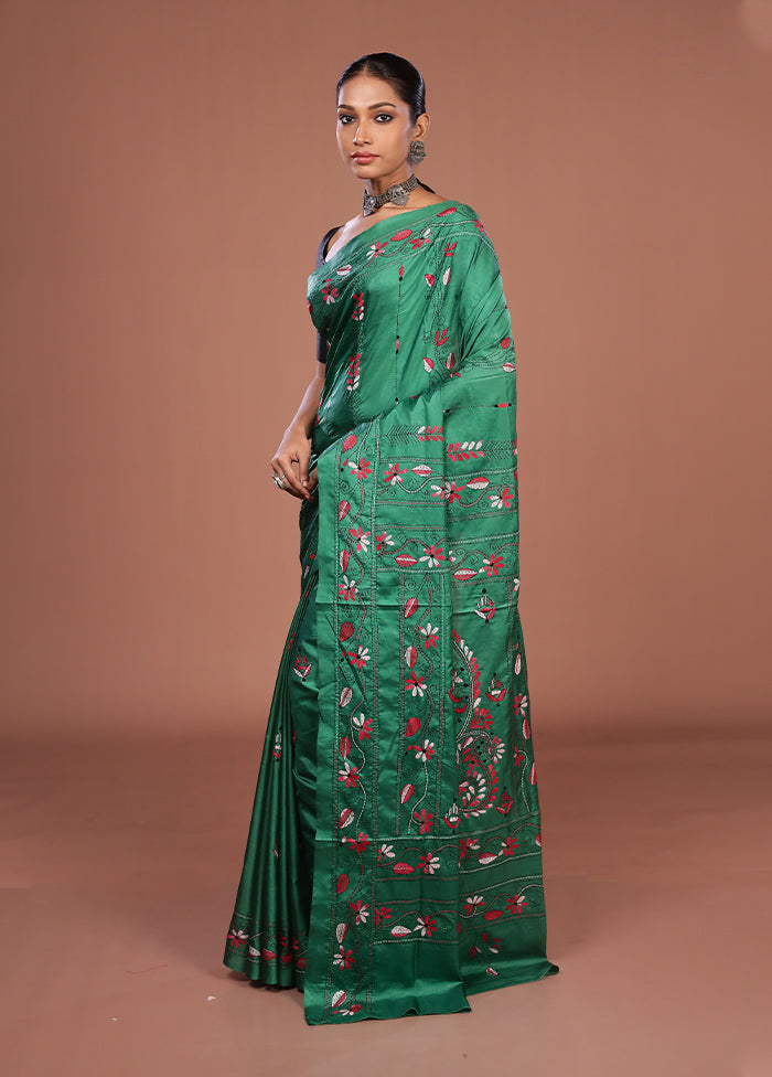 Green Kantha Stitch Silk Saree With Blouse Piece