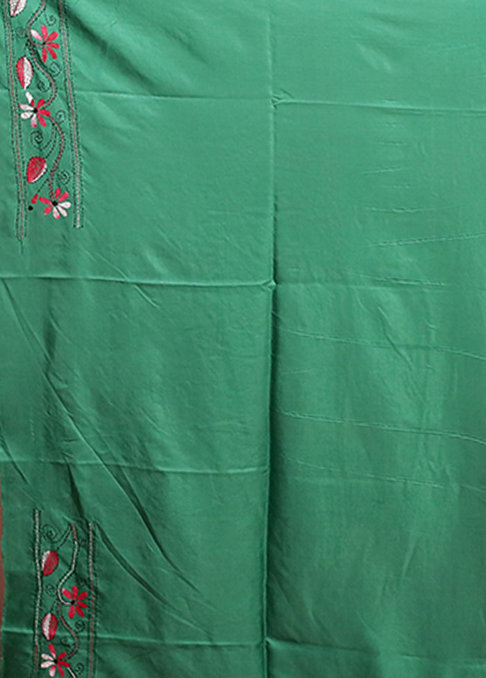 Green Kantha Stitch Silk Saree With Blouse Piece