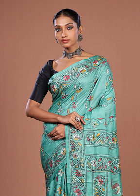 Green Kantha Stitch Silk Saree With Blouse Piece