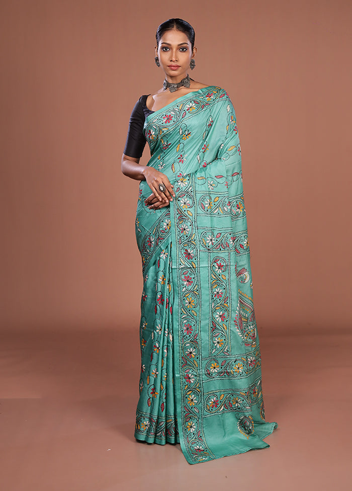 Green Kantha Stitch Silk Saree With Blouse Piece