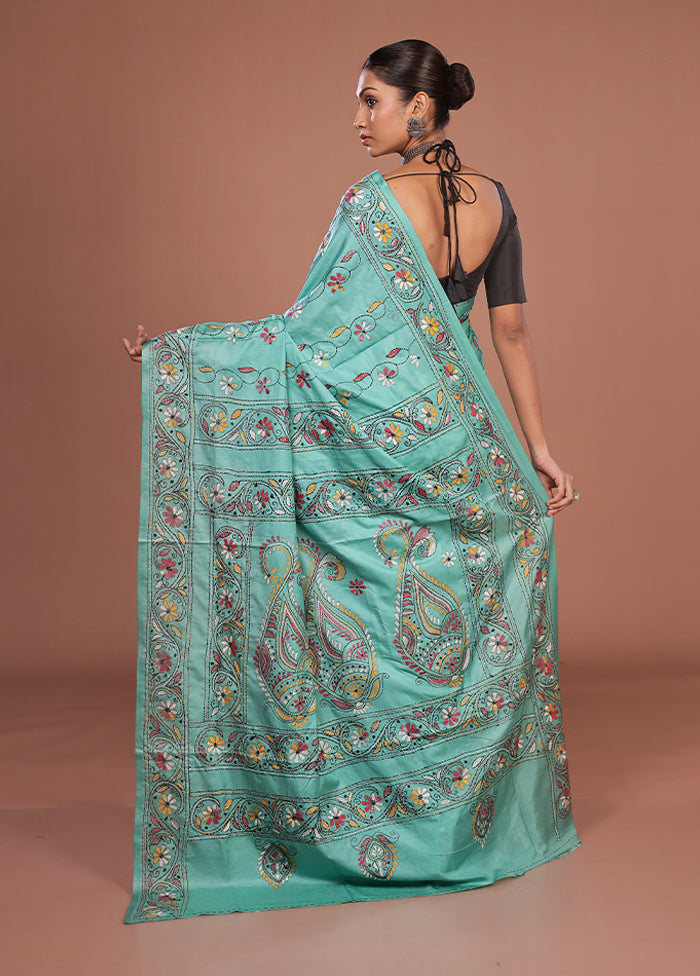 Green Kantha Stitch Silk Saree With Blouse Piece