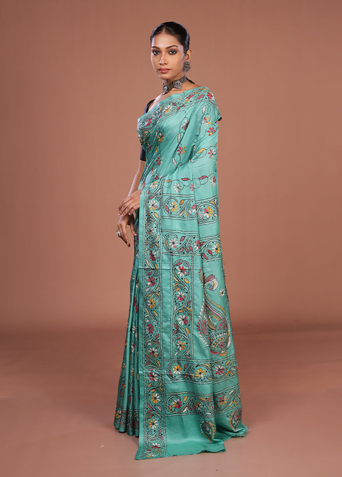 Green Kantha Stitch Silk Saree With Blouse Piece