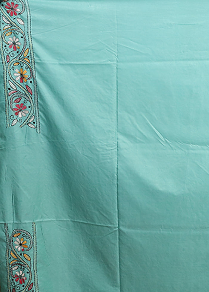 Green Kantha Stitch Silk Saree With Blouse Piece