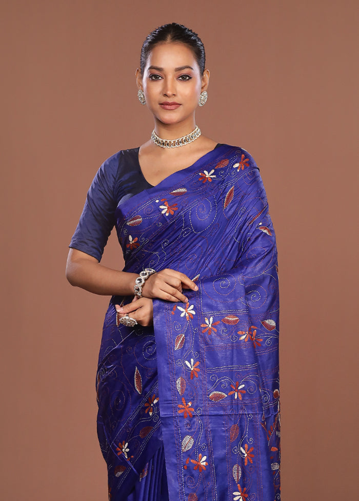 Blue Kantha Stitch Silk Saree With Blouse Piece