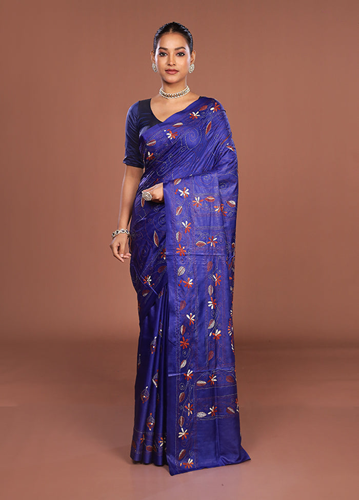 Blue Kantha Stitch Silk Saree With Blouse Piece