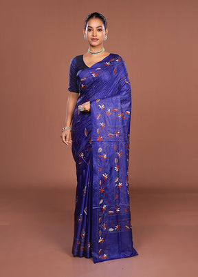 Blue Kantha Stitch Silk Saree With Blouse Piece