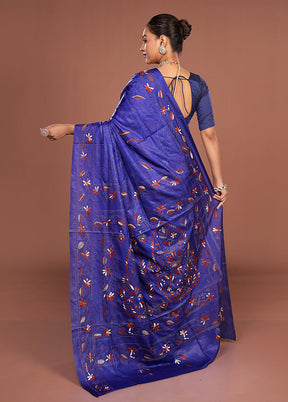 Blue Kantha Stitch Silk Saree With Blouse Piece