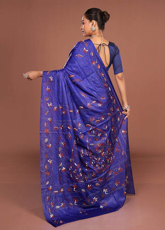 Blue Kantha Stitch Silk Saree With Blouse Piece