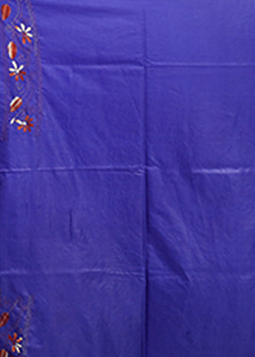 Blue Kantha Stitch Silk Saree With Blouse Piece