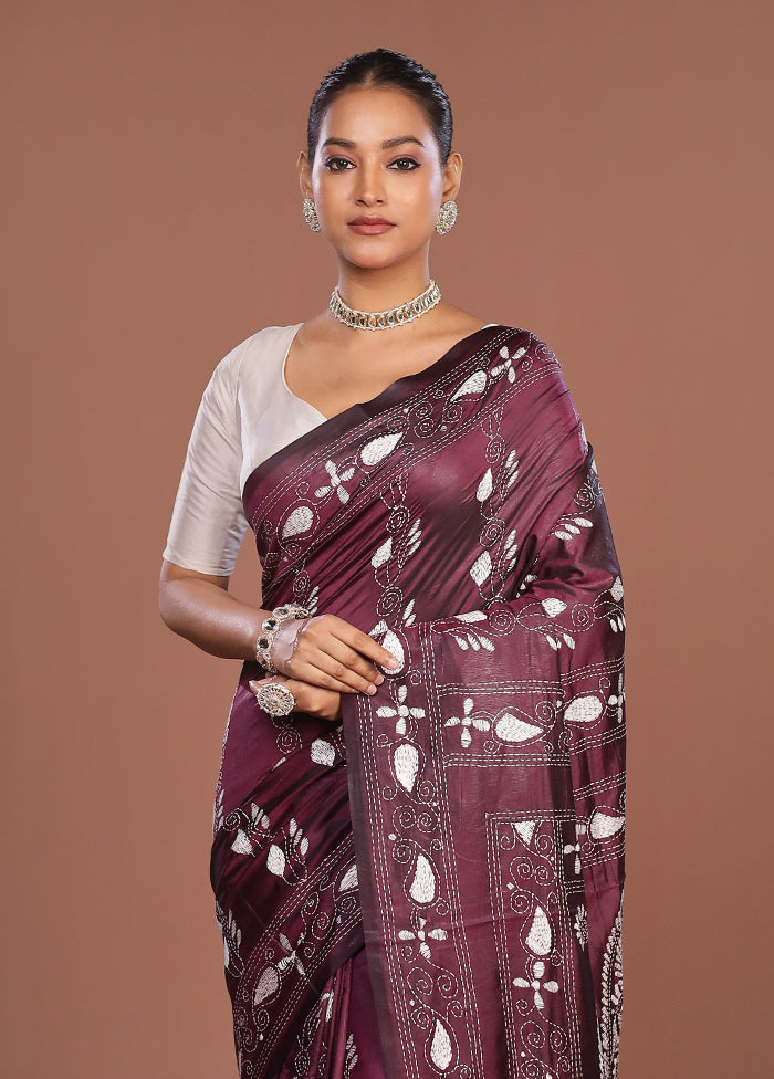 Purple Kantha Stitch Silk Saree With Blouse Piece