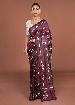 Purple Kantha Stitch Silk Saree With Blouse Piece