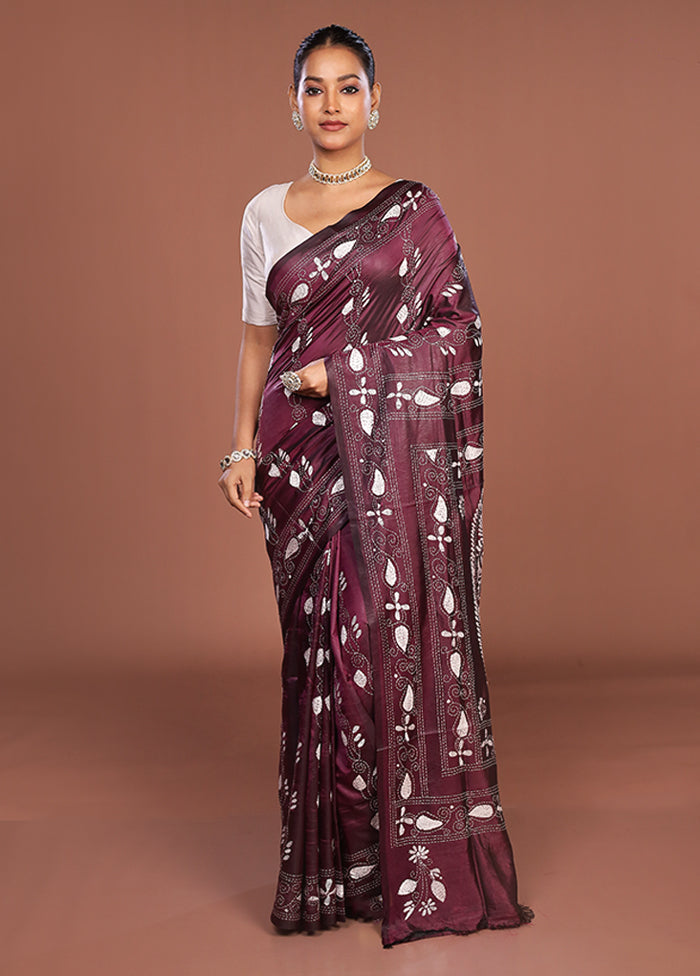 Purple Kantha Stitch Silk Saree With Blouse Piece