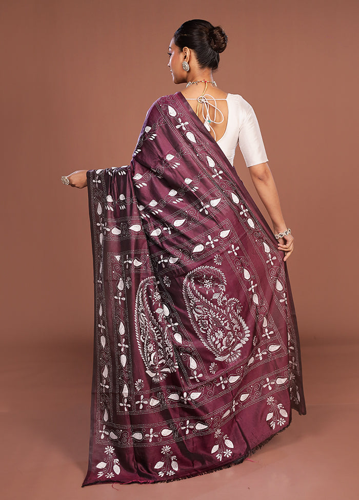 Purple Kantha Stitch Silk Saree With Blouse Piece