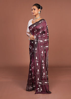 Purple Kantha Stitch Silk Saree With Blouse Piece