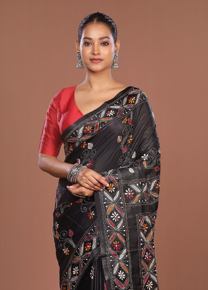 Black Kantha Stitch Silk Saree With Blouse Piece