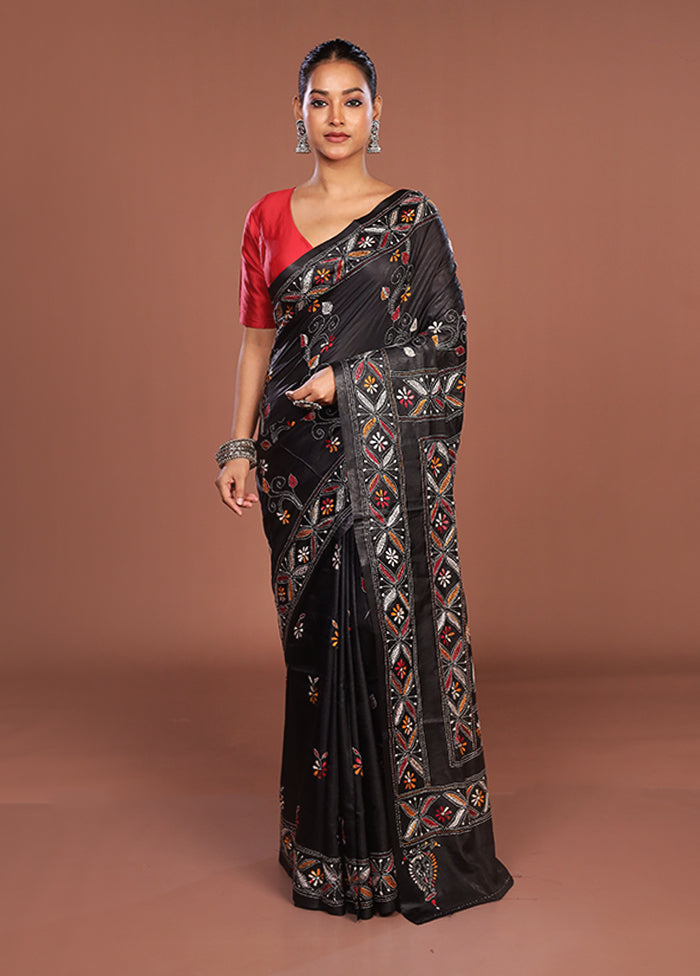 Black Kantha Stitch Silk Saree With Blouse Piece