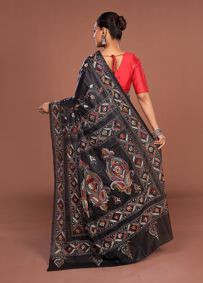 Black Kantha Stitch Silk Saree With Blouse Piece