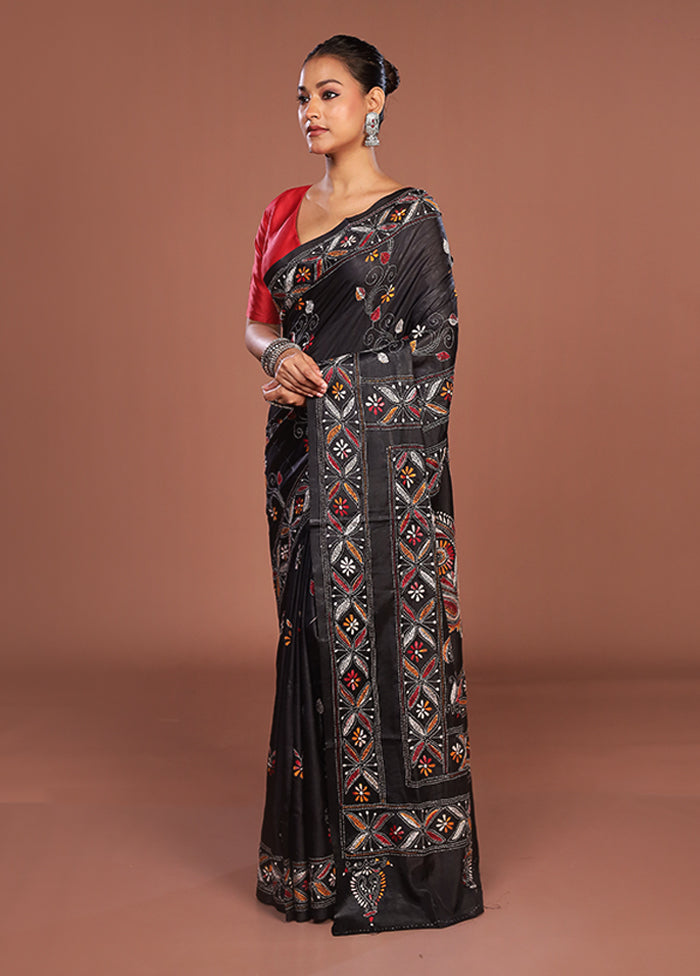 Black Kantha Stitch Silk Saree With Blouse Piece