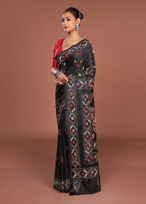 Black Kantha Stitch Silk Saree With Blouse Piece
