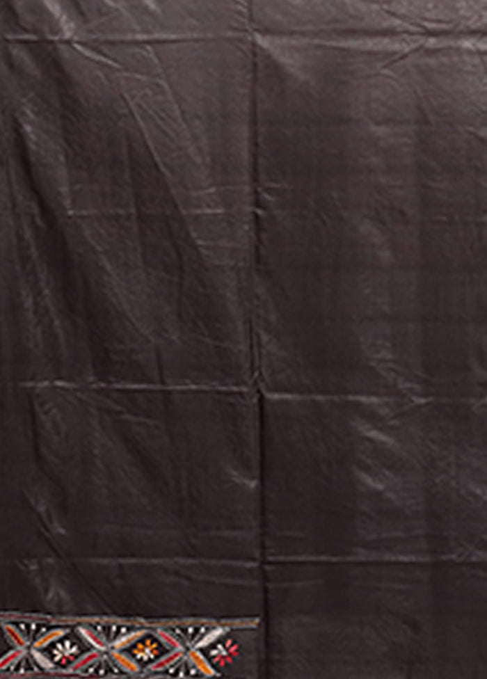 Black Kantha Stitch Silk Saree With Blouse Piece