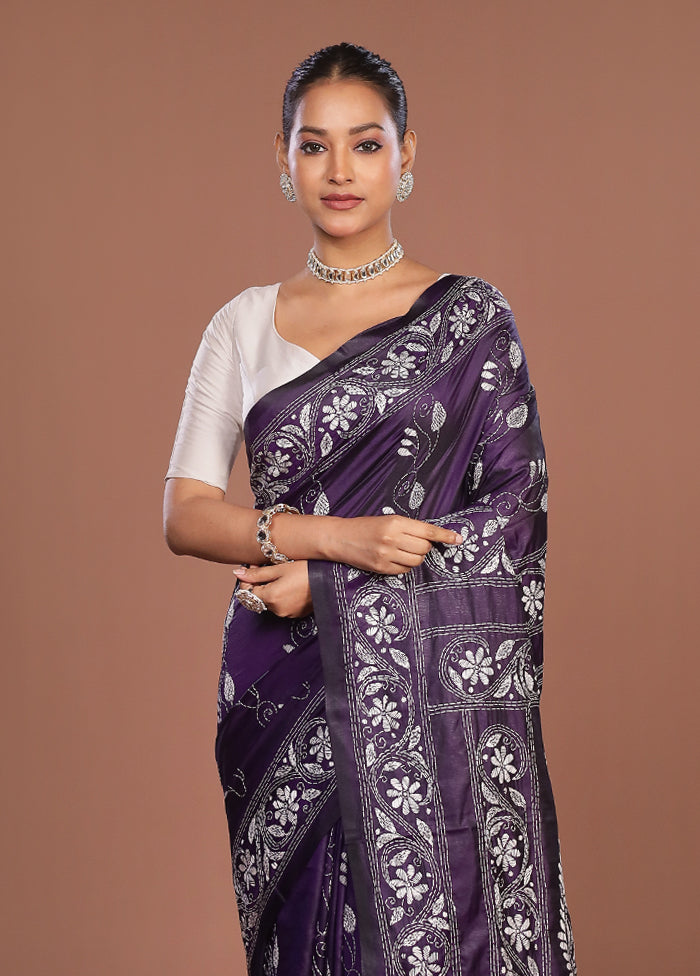 Purple Kantha Stitch Silk Saree With Blouse Piece