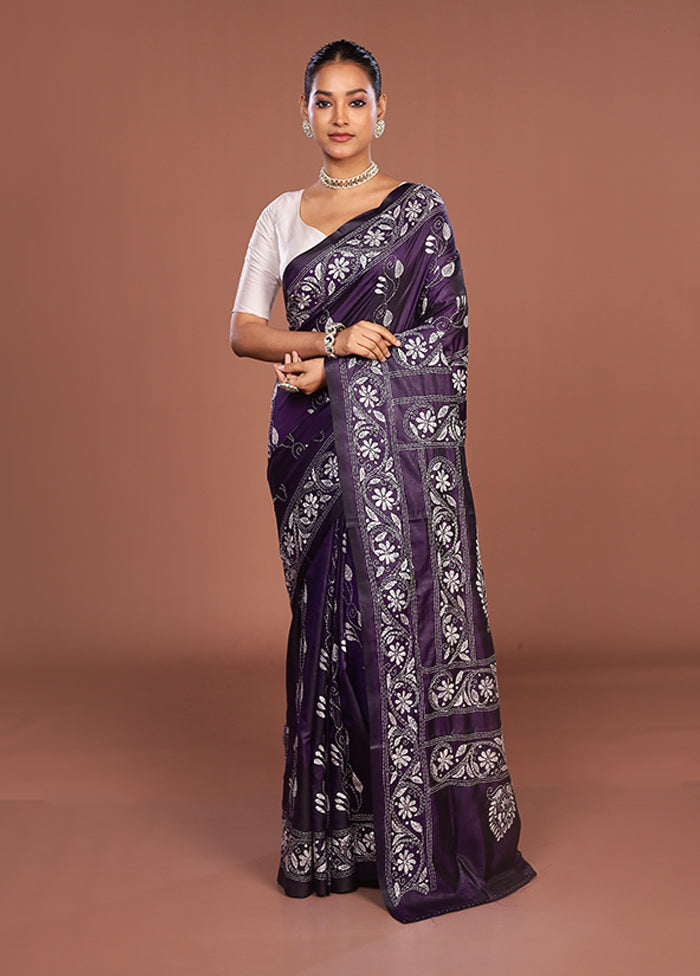 Purple Kantha Stitch Silk Saree With Blouse Piece
