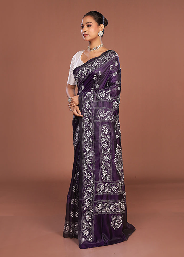 Purple Kantha Stitch Silk Saree With Blouse Piece