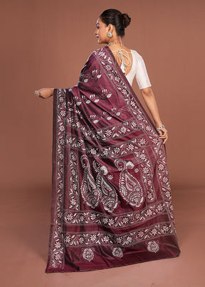 Purple Kantha Stitch Silk Saree With Blouse Piece