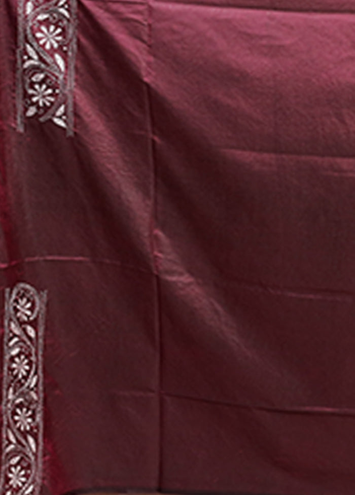 Purple Kantha Stitch Silk Saree With Blouse Piece