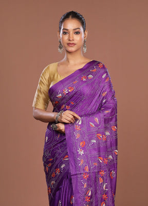 Purple Kantha Stitch Silk Saree With Blouse Piece