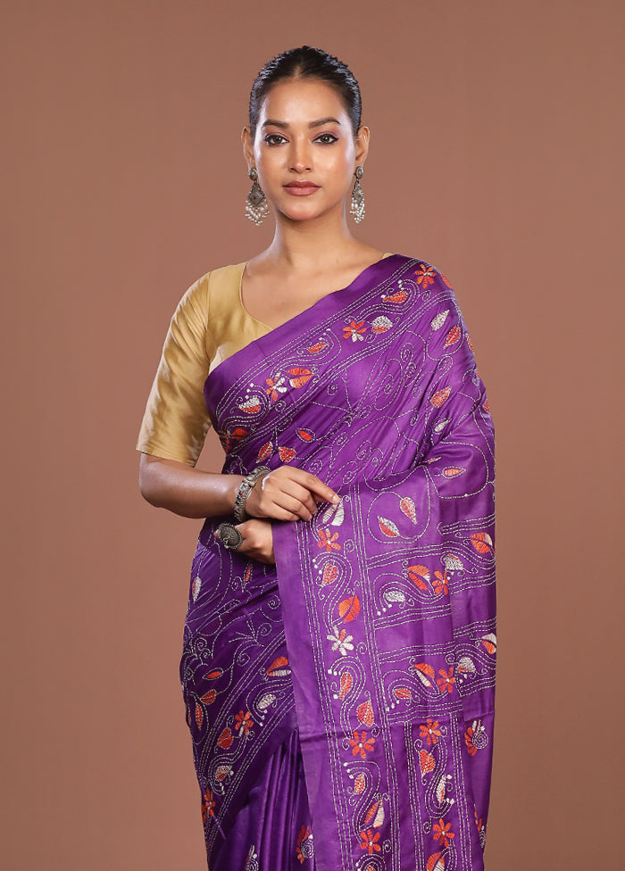 Purple Kantha Stitch Silk Saree With Blouse Piece