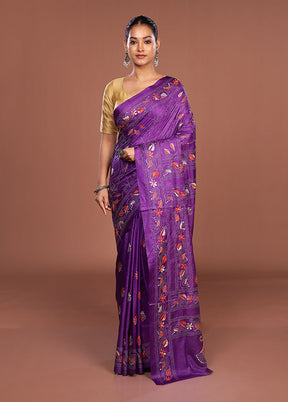 Purple Kantha Stitch Silk Saree With Blouse Piece