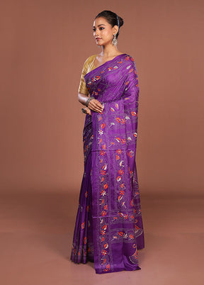 Purple Kantha Stitch Silk Saree With Blouse Piece