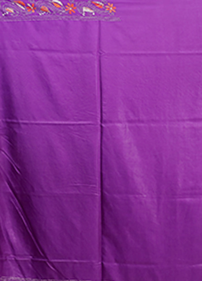 Purple Kantha Stitch Silk Saree With Blouse Piece