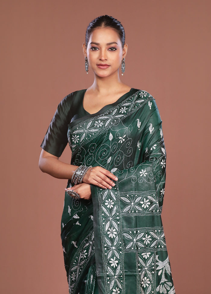 Green Kantha Stitch Silk Saree With Blouse Piece
