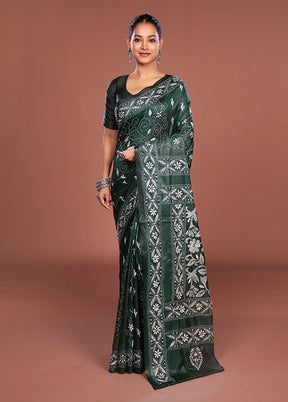 Green Kantha Stitch Silk Saree With Blouse Piece