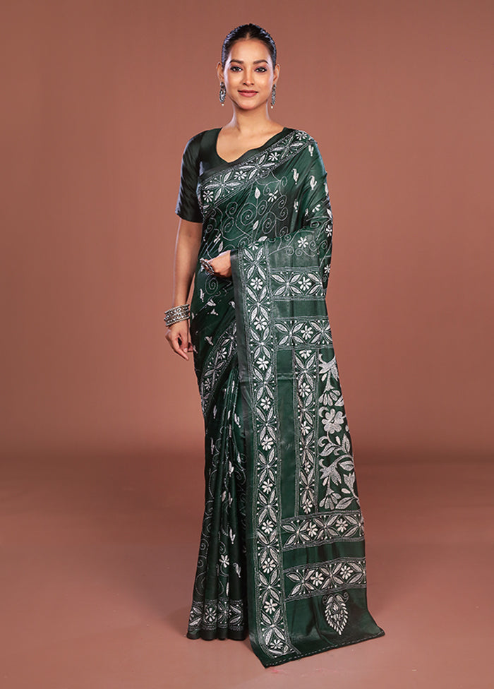 Green Kantha Stitch Silk Saree With Blouse Piece