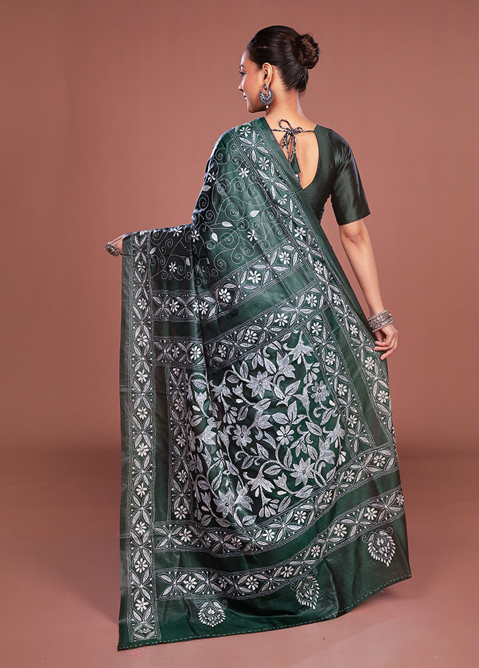 Green Kantha Stitch Silk Saree With Blouse Piece