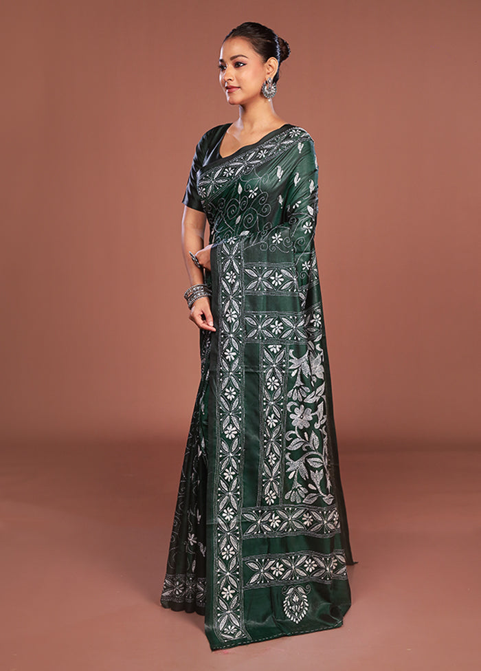 Green Kantha Stitch Silk Saree With Blouse Piece