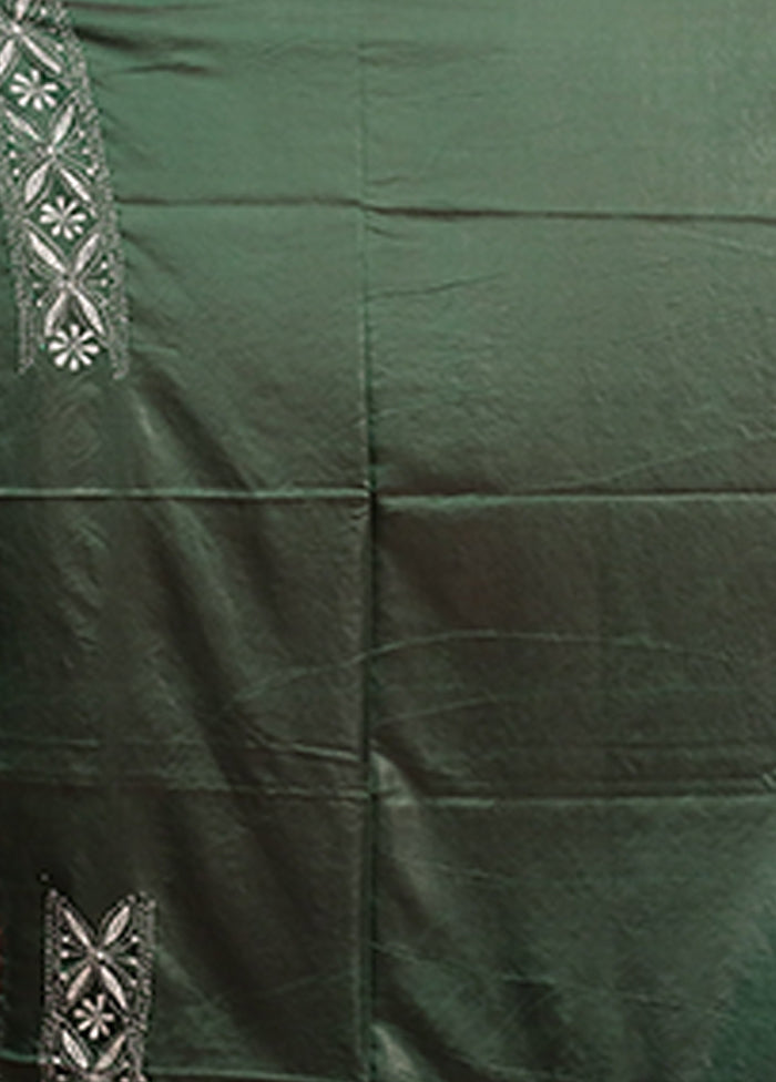 Green Kantha Stitch Silk Saree With Blouse Piece