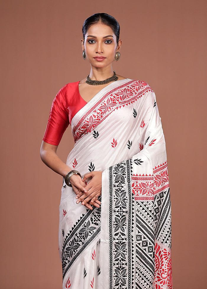 White Kantha Stitch Silk Saree With Blouse Piece