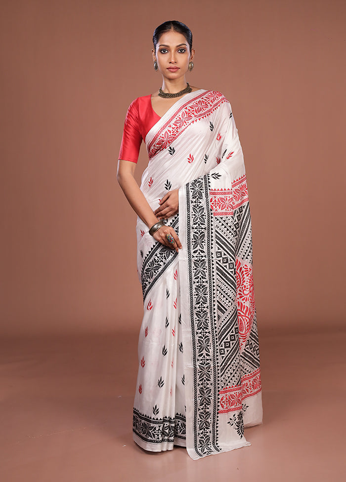White Kantha Stitch Silk Saree With Blouse Piece
