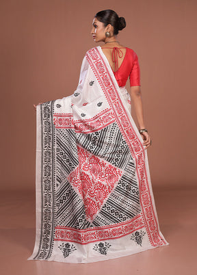 White Kantha Stitch Silk Saree With Blouse Piece