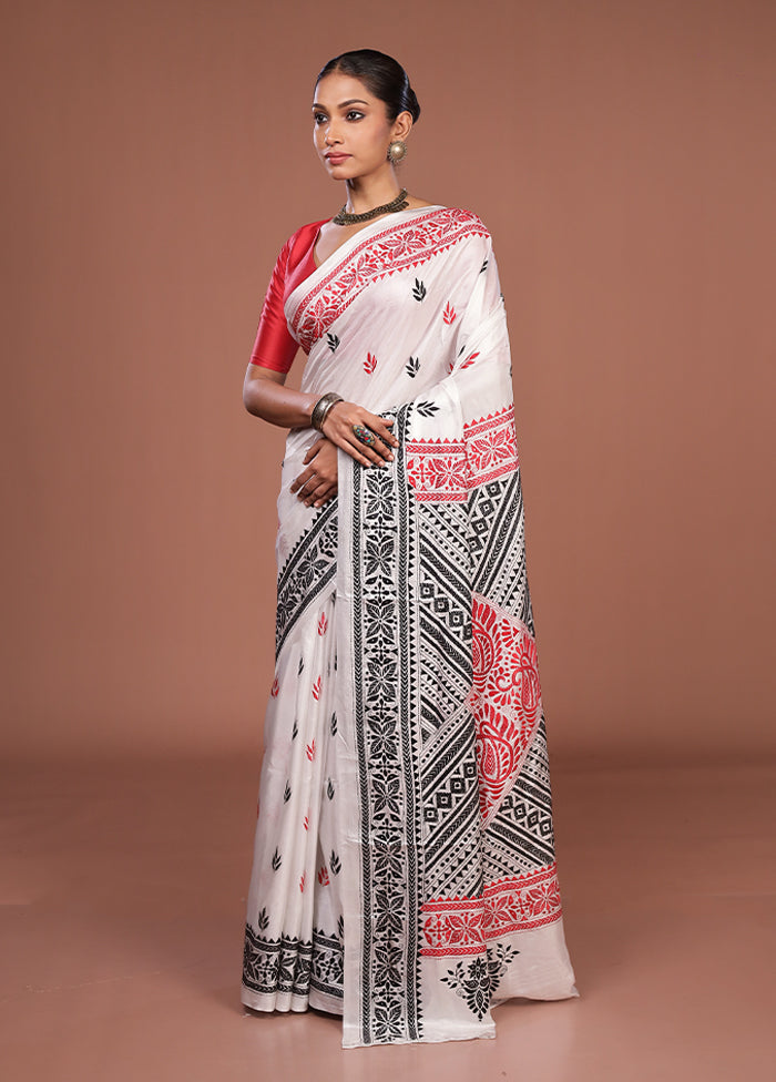 White Kantha Stitch Silk Saree With Blouse Piece