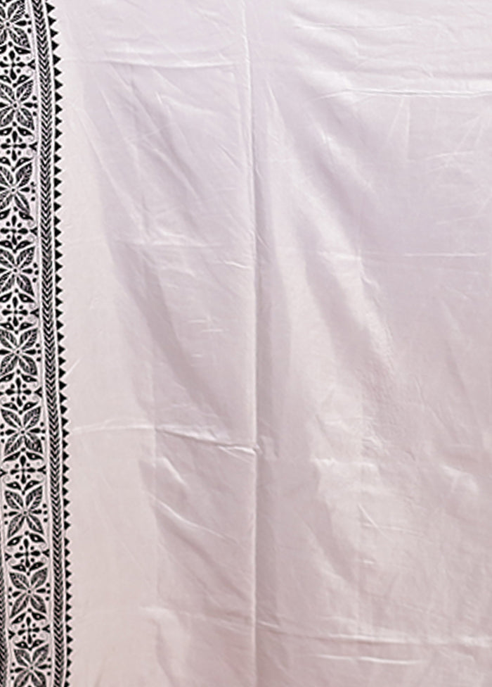 White Kantha Stitch Silk Saree With Blouse Piece