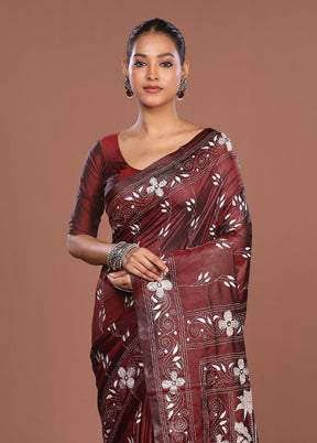 Maroon Kantha Stitch Silk Saree With Blouse Piece