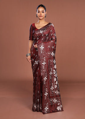 Maroon Kantha Stitch Silk Saree With Blouse Piece